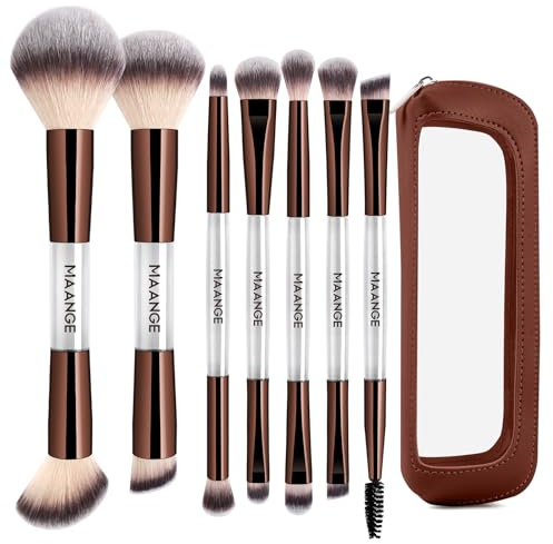 MAANGE 7 st foundation makeupborstset med väska, sminkborstar, ögonskuggshölje-borste, dubbeländad foundationskontur pulver rouge, professionell ansiktsborste set verktyg för vätska, kräm (vit)