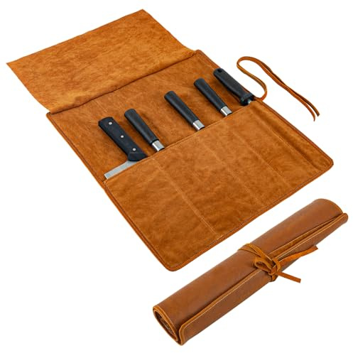 JFHSUS Chef Knife Roll Bag Leather, Knife Carrying Case 5 Slots Heavy Duty | Heavy Duty Knife Storage Bag for Kitchen, Travel and Camping, Protective Knife Roll Organizer with Multiple Slots
