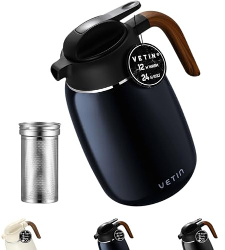 VETIN Thermoskanne mit Teesieb 1,5L aus 304 Edelstahl, Kaffeekanne Thermo | Auslaufsicher, 12 h Heiß & 24 h Kalt, für Tee, Kaffee und Kalte Getränke (Tiefblau/Kunststoffgriff)
