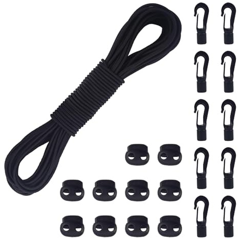 COEWUR 20 M Gummiseil 4mm Elastische Gummischnur, Gummikordel Schwarz Expanderseil mit 10Pcs Kunststoffhaken und 10Pcs Kordelstopper Spannseil für Camping Anhängerplane Schnürsenkel Wäscheleinen