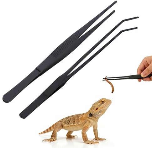 KLINNA Juego de 2 pinzas de acuario largas de acero inoxidable, pinzas de alimentación rectas y curvas para reptiles, plantas acuáticas, accesorios protectores para dedos, serpientes, lagartos, arañas