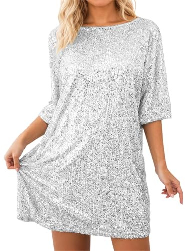 Damen Pailletten Kleid Glitzer T-Shirt Kleid Minikleid Kurzarm Lockerer Schnitt Elegant Party Tunika Longshirt für Karneval Silvester Disco Clubwear