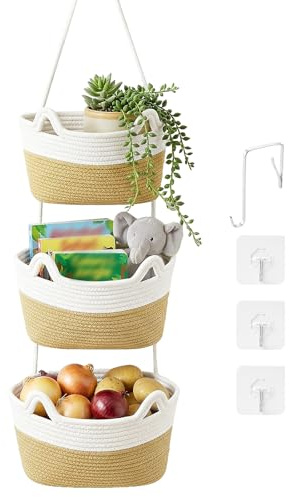 Yiomxhi 3 Niveles Cesta Colgante de Pared, Organizador Puerta de Cuerda Algodón con 4 Ganchos, Cesta de Frutas Extraíble Decoración Boho para Cocina Dormitorio Sala de Estar, Caqui