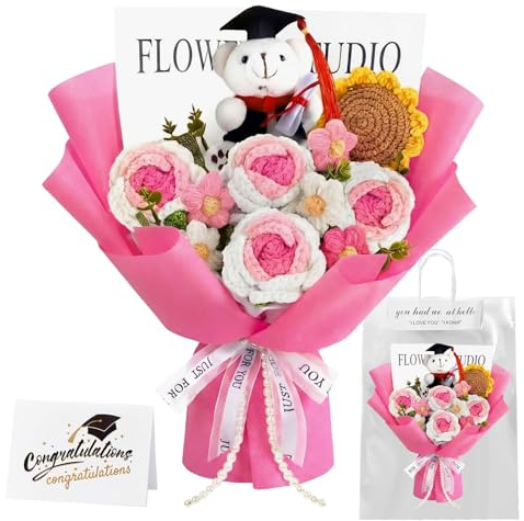 Gehäkeltes Blumenbouquet – Handgefertigtes Blumenstrauß-Geschenkset mit Geschenktüte & Grußkarte – Künstliches Bouquet aus Rosen & Sonnenblumen für Abschlussfeiern & Geburtstage
