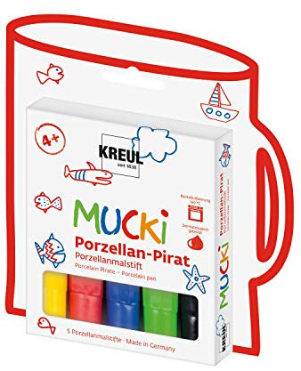 KREUL 27157 - MUCKI Porzellan Pirat, 5 Porzellanmalstifte für Kinder in gelb, rot, blau, grün und schwarz, Strichstärke 2 - 5 mm, für individuelle Kunstwerke auf Tassen und Tellern