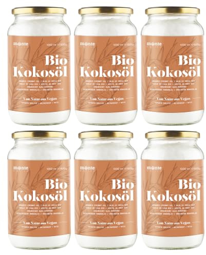 Monte Nativo Bio Kokosöl in Rohkostqualität - 6x1000ml Schraubglas | Bio Kokosfett natturrein, Bio Kokosnussöl, Nativ, 1. Kaltpressung - zum Kochen, Braten und Backen, für Haare und Haut