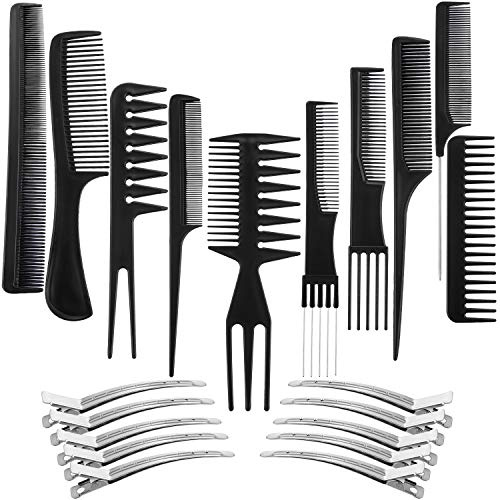 Boao 20PCS Professional Hair Styling Comb Set with Metal Clips Wide Fine Tooth Combs Duckbill Clips for Salon Barber Home Use(Black)