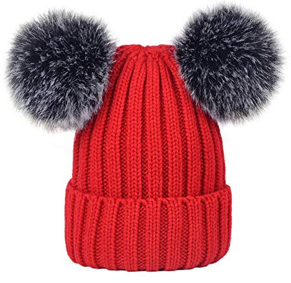 Martin Kench Damen Strickmütze mit Doppel-Fell-Bommel und Fleece Futter, Winter-Mütze, Bommelmütze (Rot,S: 32-52cm)