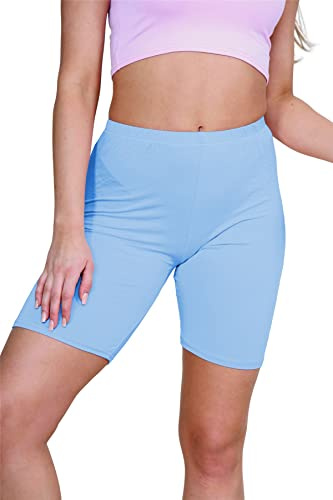 janisramone® Womens Cycling Shorts, Plain Elasticated Waist Over Knee Skinny Fit Ladies Gym Shorts, Soft Stretchy Yoga Sports Running Women Activewear Sky Blue