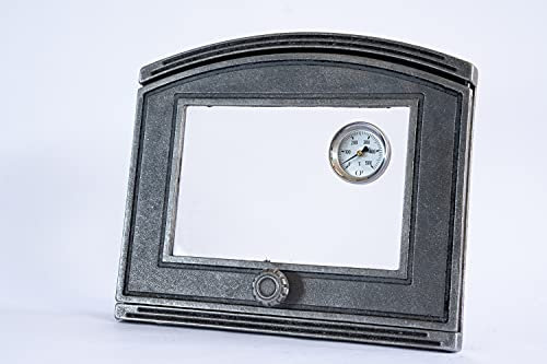 SEZAM cast iron oven door with thermometer 500 °C, heat-resistant glass pane, opens to the left, pizza oven door - bread oven - stone oven door, 37 x 6 x 31.5 cm - semicircular, without painting