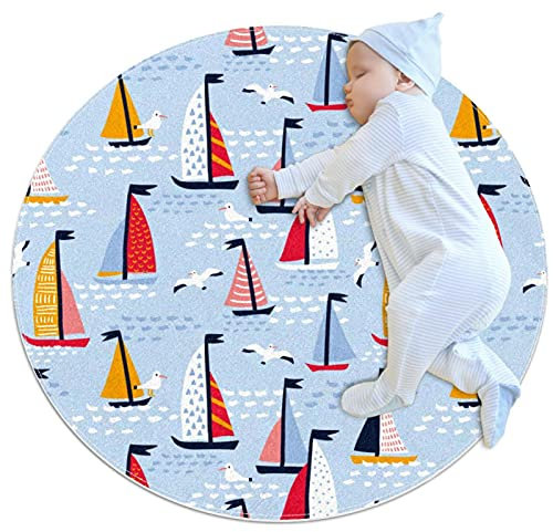 Runder Teppich Boot Und Vogel Kinder Spielmatte Spieldecke Teppich Kinderzimmer Kinderteppich rutschfest Runder Matte 80x80cm