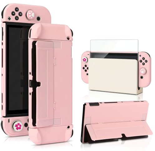 OLDZHU Rosa skal kompatibelt med Nintendo Switch OLED, ultratunt rosa skyddsfodral för NS OLED-konsol och styrenhet, med skärmskydd i härdat glas och 4 tumhandtag