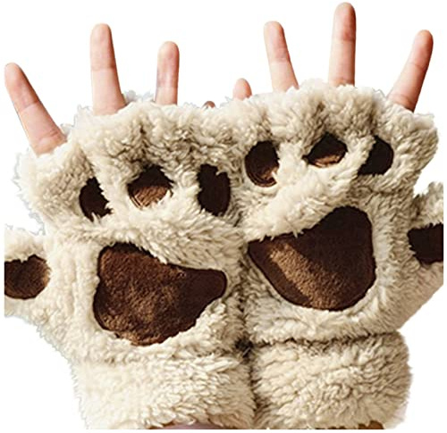 Rackbone Kvinnors Fleecehandskar med Kattklor, Tass Vantar Fuskpäls Vinter Varma Halvfinger Handskar, Söta Katttass Cosplay, Beige, One Size