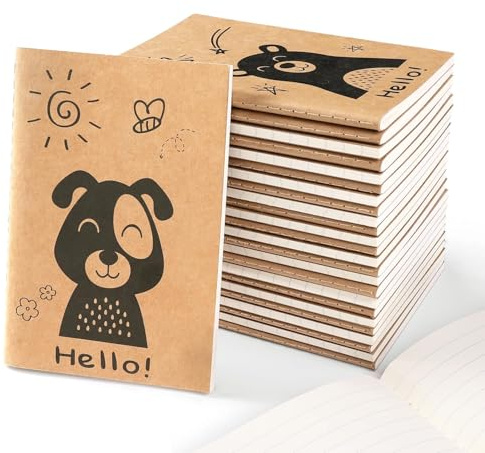 Sikao Mini diari per bambini, confezione da 24 quaderni tascabili in carta kraft con simpatici animali, per premi scolastici, regali sfusi per bambini, studenti (80 pagine a righe, 10 x 14 cm)