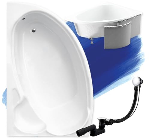 BADLAND Badewanne Original Weiß Acryl Wanne Eckbadewanne FINEZJA 140x95 Links KOMPLETTSET SET mit Premium Styroporverkleidung + Füßen und Exklusive Chrom Automatik Ablaufgarnitur Made in EU 4in1
