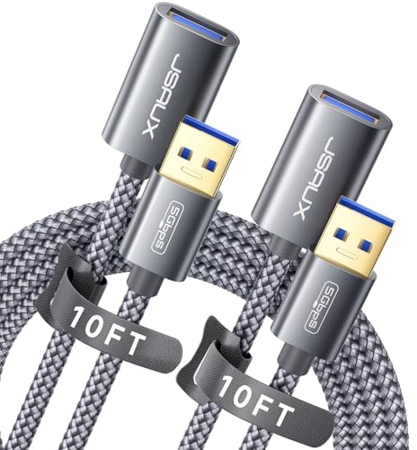 JSAUX 2Pack 10FT+10FT USB 3.0 Extension Cable, Type A Male to Female USB Extender Cord Nylon Braided Compatible with Webcam, Camera, Phone, USB hub, Mouse, Keyboard, Printer, Hard Drive, Xbox-Grey
