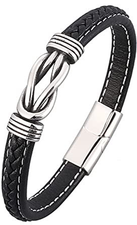 KnSam Männer - Bettelarmband, PU Leder Bettelarmband Charm Klassiker Leder Armband Herr Edelstahl Armschmuck Silber mit Magnet Verschluss, Länge 18.5CM