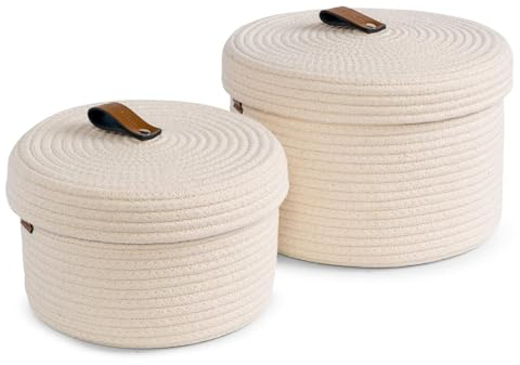 Yearonan 2 Pieces Storage Baskets with lids-Cotton Rope Lidded Basket-Natural cotton thread, leather buckle, Decoration Basket with Lid-Woven storage basket with lid.(White)