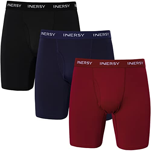 INNERSY Calzoncillos Largos Hombre Deportivos Boxer Ajustados Antirozaduras Ropa Interior Pack de 3 (M, Rojo Oscuro/Negro/Azul Marino)