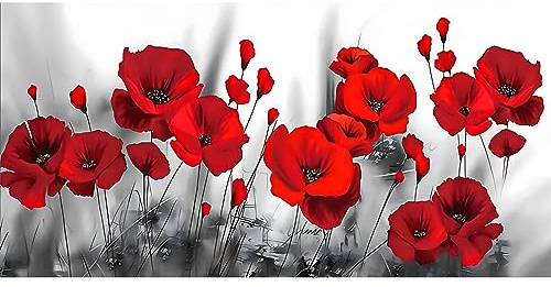 MXJSUA 5D Rote Mohnblume Diamant Painting Kits für Erwachsene, DIY Strass Bilder Diamant Kunst Kits, Runde Steine Diamant Painting für Zuhause Dekor 40x80cm