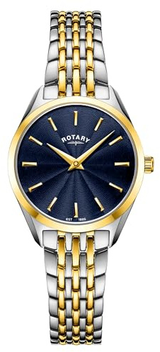 Rotary Damen Quartz Armbanduhr, 27.00mm GehäusegröÃŸe mit blau analog Zifferblatt und Two-Tone Gold Metallarmband Armband LB08011/05