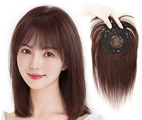 MEECHI 100% Echthaarteile Mit Pony, Frauen Natürlicher Brauner Haar-Topper, 12 cm Perücken Mit Clip Auf Seidenbasis for Haarausfall/Dünner Werdendes Haar/Graues Haar (Size : 20cm)
