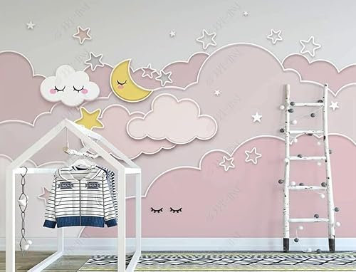 Fototapete 3D Effekt Tapeten 3D Handgezeichneter Rosa Sternenhimmel Und Wolken Für Kinder Tapete Fototapeten Vlies Wandtapete Wohnzimmer Schlafzimmer Wand Schmücken 300Cm(W)*210Cm(H)