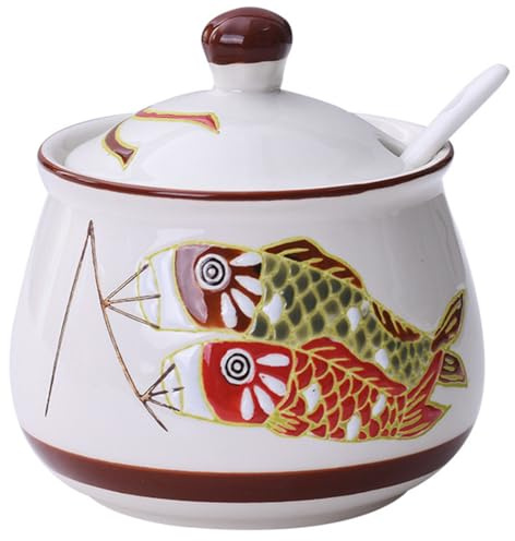 KKGUD Bonito azucarero pintado a mano, tarro de condimentos, olla de condimentos de cerámica para decoración de cocina de restaurante, dos patrones de peces, 320 ml