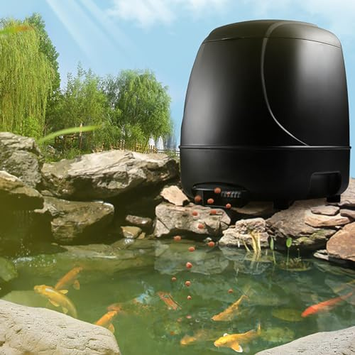 AMZTEMU 10L Pond feeder, Alimentador automático para peces, Dispensador comida peces estanque, Comedero automatico peces con batería