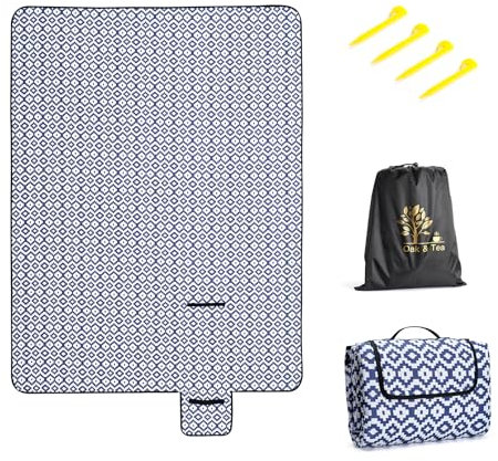 Oak & Tea Picknickdecke Wasserdicht 150x200 cm Sandfrei Isoliert Maschinenwaschbar Stranddecke Campingdecke für Strand und Outdoor （Blau Weiß，150x200 cm）