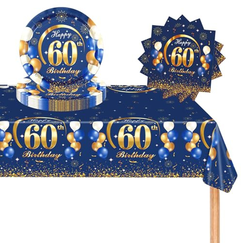 POPOYU 60. Geburtstag Partygeschirr Set,37 Stück Pappteller 9 Zoll Servietten Tischdecke 60. Geburtstag Frau,Blau Gold Geburtstagsdeko für 60. Geburtstag Frauen Männer Party Dekoration Partyzubehör