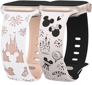 BEEXI 2 Packs Cartoon Engraved Compatible with Apple Watch Strap 41/40/38mm/42mm Women,Two-Tone Cute Soft Silicone Sport Strap for iWatch Series 11 10 9 8 7 6 5 4 3 SE(3 2 1), White&Starlight