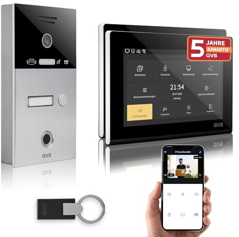 GVS Video Türsprechanlage mit Türöffner, Fingerprint, RFID, 2X 7 Monitore | Smarte Video Türklingel mit Kamera und Monitor & App - Gegensprechanlage für 1 Familienhaus (AVS5085A)