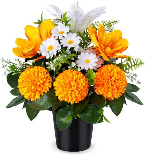 SIFOEL Fiori artificiali per cimitero in vaso, crisantmi artificiali, margherita con vaso, fiori commemorativi per tombe funerarie, decorazione per cimitero, funerale, esterno (1 pezzo, bianco e