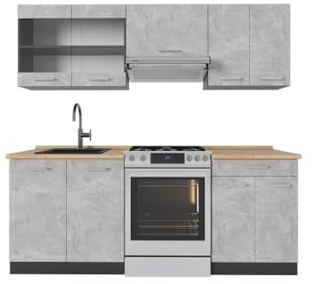 Vicco Küchenzeile R-Line, Beton/Anthrazit, 200 cm | 5 Module · Höhenverstellbare Füße · Ohne Arbeitsplatte · Robuste Fronten · Mit Glasschrank · Frei kombinierbar