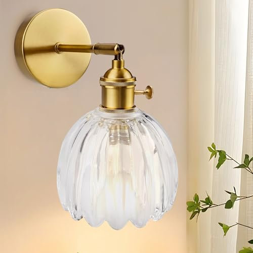 APAKA Vintage Wall Light, Glass Wall Lamp Indoor, Wall Sconce 180 Degree Adjustable with Switch, Tulip Clear Glass Light Shade, E27, for Living Room Bedroom Bedside Bathroom, Bulb not Included