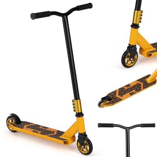 GYMAX Trottinette Freestyle Enfants 10 Ans+, Trottinette Acrobatique Pro, Barre en T en Métal Renforcée, Cadre en Métal Robuste, Plateau en Alliage Léger, Roulements ABEC-7, Capacité 100 Kg (Jaune)