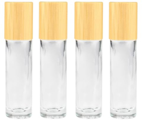 4 Pack 10ml/0.33 Oz Bamboo Roll On Bottle,Empty Clear Glass Roller Bottle for Essential Oils Stainless Steel Roller Balls Portable Massage Stainless Steel Roller Ball Glass Vial Aromatherapy travel