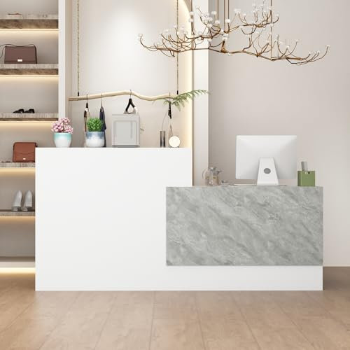 Caldion Modern Empfangstheke,Rezeptionstisch aus MDF mit Grauer Marmoroptik,Theke für Empfangsbereich,220x60x110cm,Rezeptionstresen mit Stauraum,für Büro,Praxis,Cafe