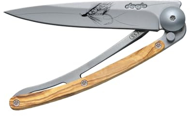deejo – Klappbares Taschenmesser 27 g mit Gürtelclip – Griff aus Olivenholz, Klinge aus Edelstahl Z40C13 – Motiv Silver Wilkinson – Tischmesser, Wandern, Camping, Biwak