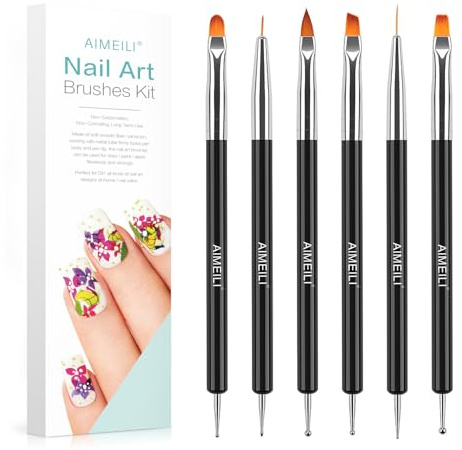 AIMEILI 6 Stücke Doppel Ende Nagel Pinsel, Nail Art Pinsel und Dotting Tool Set Nagel Pinselset Line Art Nail Brush Nagelpinsel Set Gel mit Dotting Tool