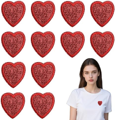 12 Rote Herz-Patches zum Aufbügeln, Bestickte Herzen, Bügelbilder für Jeans, Kleidung und T-Shirts
