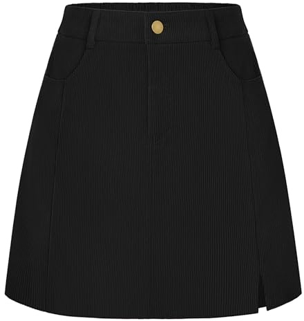 Belle Poque Gonna da donna in corduroy, a campana, a trapezio, mini, con tasche, Autunno Inverno, gonna corta base, Nero , S
