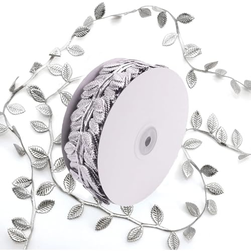 ALLWSLucky 20M Blätter Streifen Geschenkband, Künstliches Blattrand Blätter Band Girlande Blatt Dekoband, Künstliches Blattband für DIY Handwerk Geschenkverpackung Dekoration Hochzeit Party (Silber)
