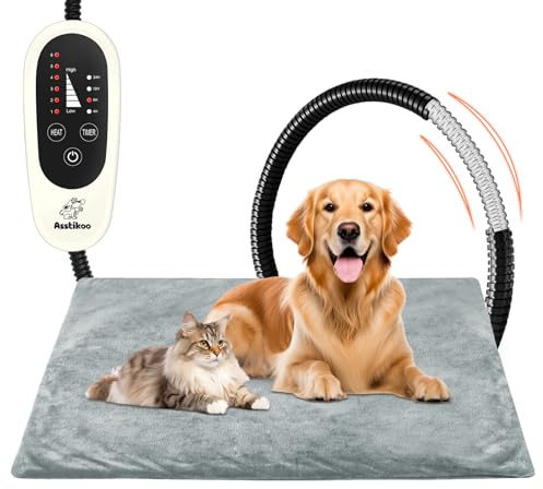 Asstikoo Tapis chauffant pour chiens chats, tapis chauffant pour animaux domestiques avec 4 minuteries et 6 niveaux température 30 – 55 ℃, couverture thermique chat, chiens, anti-morsure imperméable