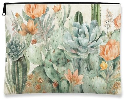 Cactus Makeup Bag, Watercolor Floral Cosmetic Travel Pouch for Women, Portable Small Canvas Zipper Organizer, for Spring Festival, Green, 7x9 Inch, Cactus