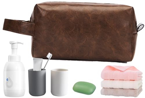 Neceser de cuero – Organizador de artículos de tocador de viaje, soporte de maquillaje portátil | Almacenamiento de cosméticos de poliuretano retro, estuche de higiene resistente al agua, kit