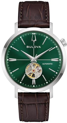 Bulova Men's Automatic Dress Classic Aerojet Watch,Brown Leather Strap, Green Dial, Hack Feature, 42 Hour Power Reserve (Style: 96A332)