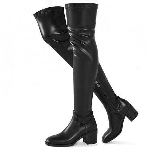 Voviggiw Black Thigh High Boots for Women Chunky Heel Over The Knee High Boots Comfortable Long Stretch Boots Side Zipper Black 41