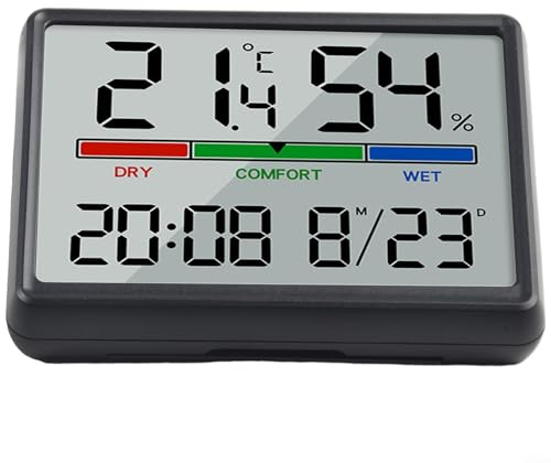 Oniissy Orologio da parete digitale con ampio display LCD, data, temperatura e umidità, termostato programmabile alimentato a batteria, facile lettura per anziani, retro magnetico, (nero)